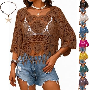 RJDJ Womens Plain Fringe Trim Cut Out Sheer Cover Up, Boho Scallop Trim 3/4 Sleeve Round Neck Cover Up for Beach Vacation