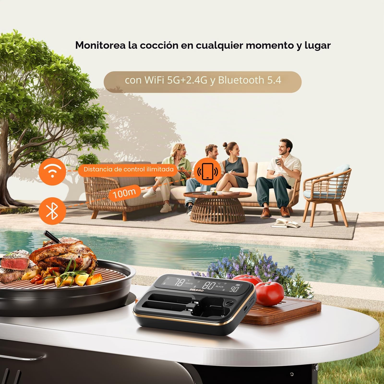 INKBIRD Termómetro de cocina inalámbrico con doble sonda, termómetro para carne con Bluetooth en WiFi 5G, almacenamiento de datos fuera de línea durante 80 minutos, ideal para horno, alimentos,