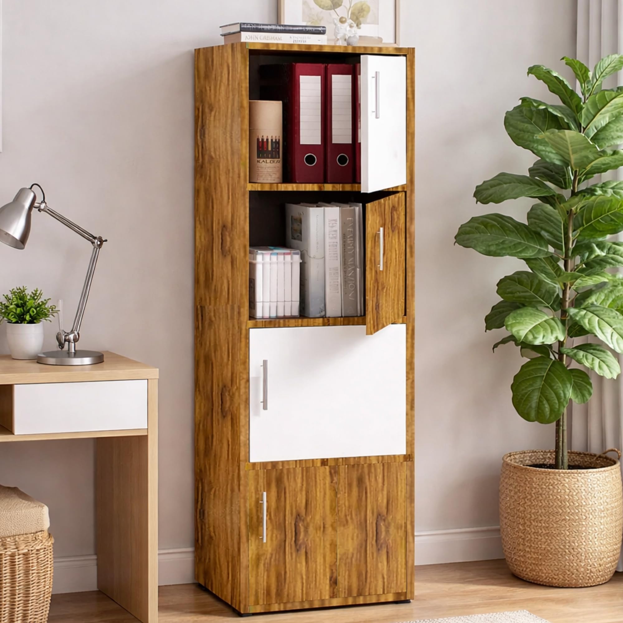 Callas Wooden Book Rack | Multi-Compartment Storage Cabinet | Space-Saving Vertical Bookshelf with Doors | Durable & Sturdy Organizer for Home & Office (Walnut, 4 Tier)