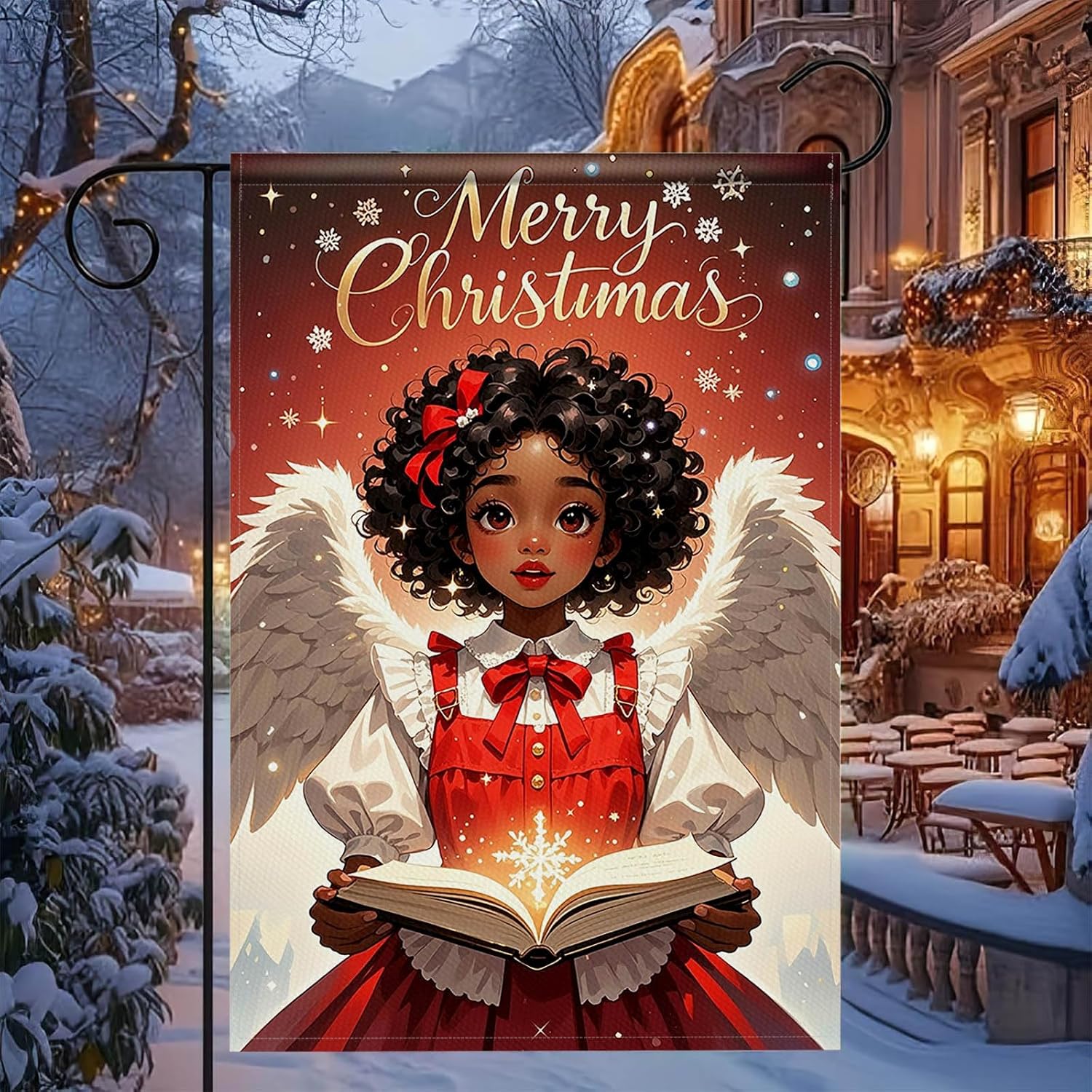 African American Angel Merry Christmas Garden Flag 12x18 Inch Double Sided Girl with Wings Red Dress Book Holiday Outdoor Winter Yard Banner Inspirational Christmas Welcome Flag - Image 7