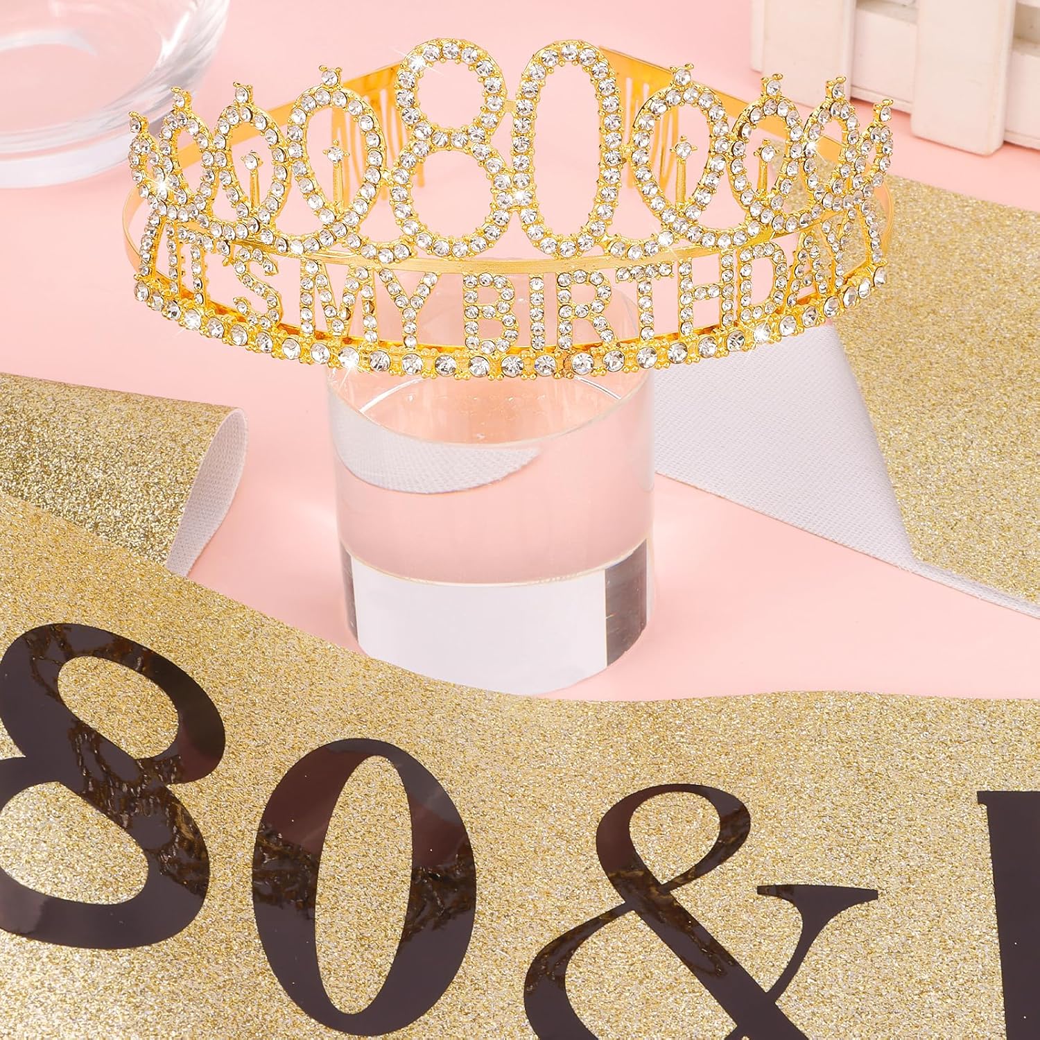 80th Gold Birthday Decorations for Women Set- It’s My Birthday Crown and Sash with 80 & Fabulous, Happy 80th Party Decorations Gifts for Women - Image 7