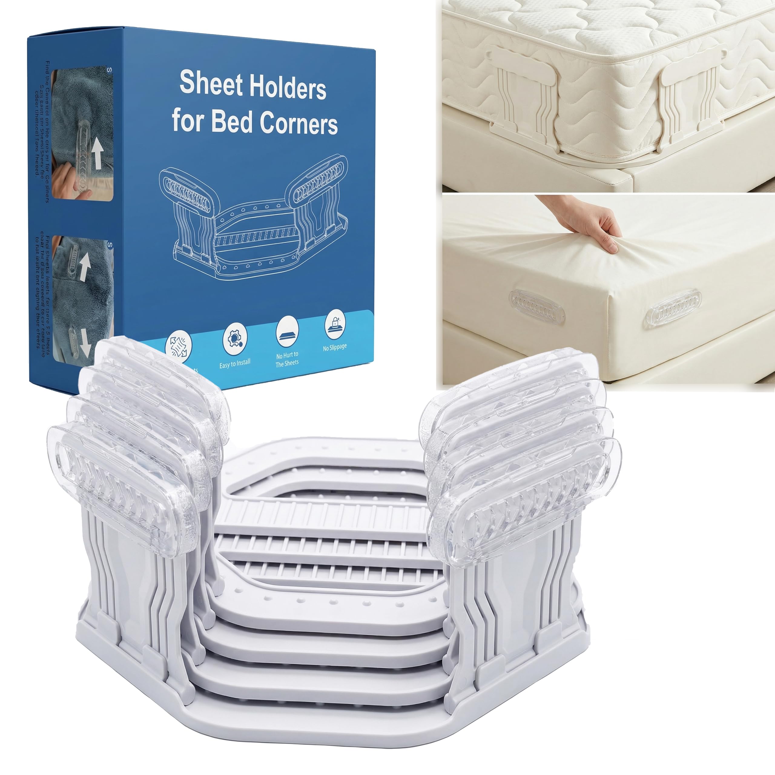 YunMor Bed Sheet Holders for Corners, 4 Pack, Patented Locking Bed Sheet Holder — No Sheet Clips Needed, Universal Bed Corner Sheet Holders Twin to Cal King, Zero Damage on All Bed Sheet