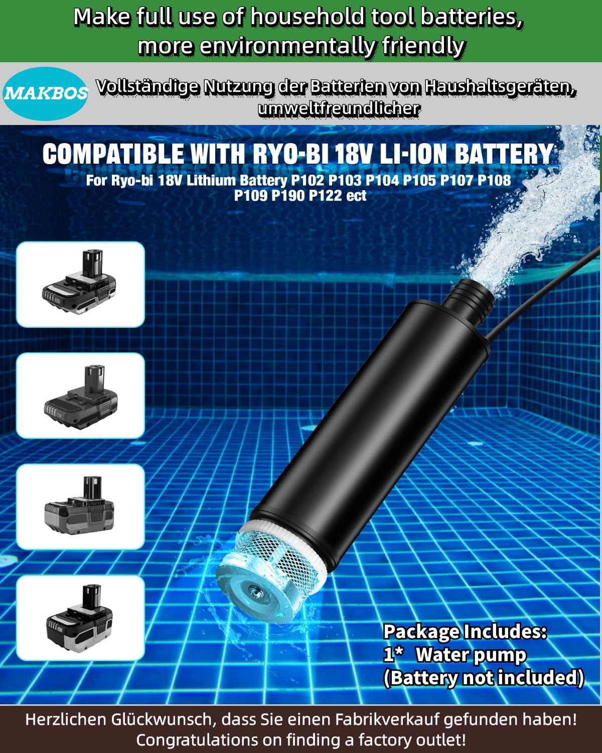 Pompe submersible pour eaux usées RYOBI - Batterie 18 V - Pompe à eau plate - Pompe d'aspiration - Pompe d'aspiration - Pompe de piscine - Gardena, cave, piscine, arrosage du jardin, mini pompe
