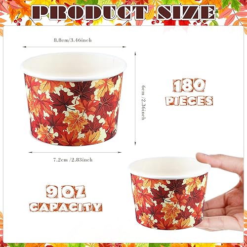 Miniatura 2 de 180 tazas de helado de papel con temática de otoño de 9 onzas, cuencos de postre desechables para el día de Acción de Gracias, tazas de papel para