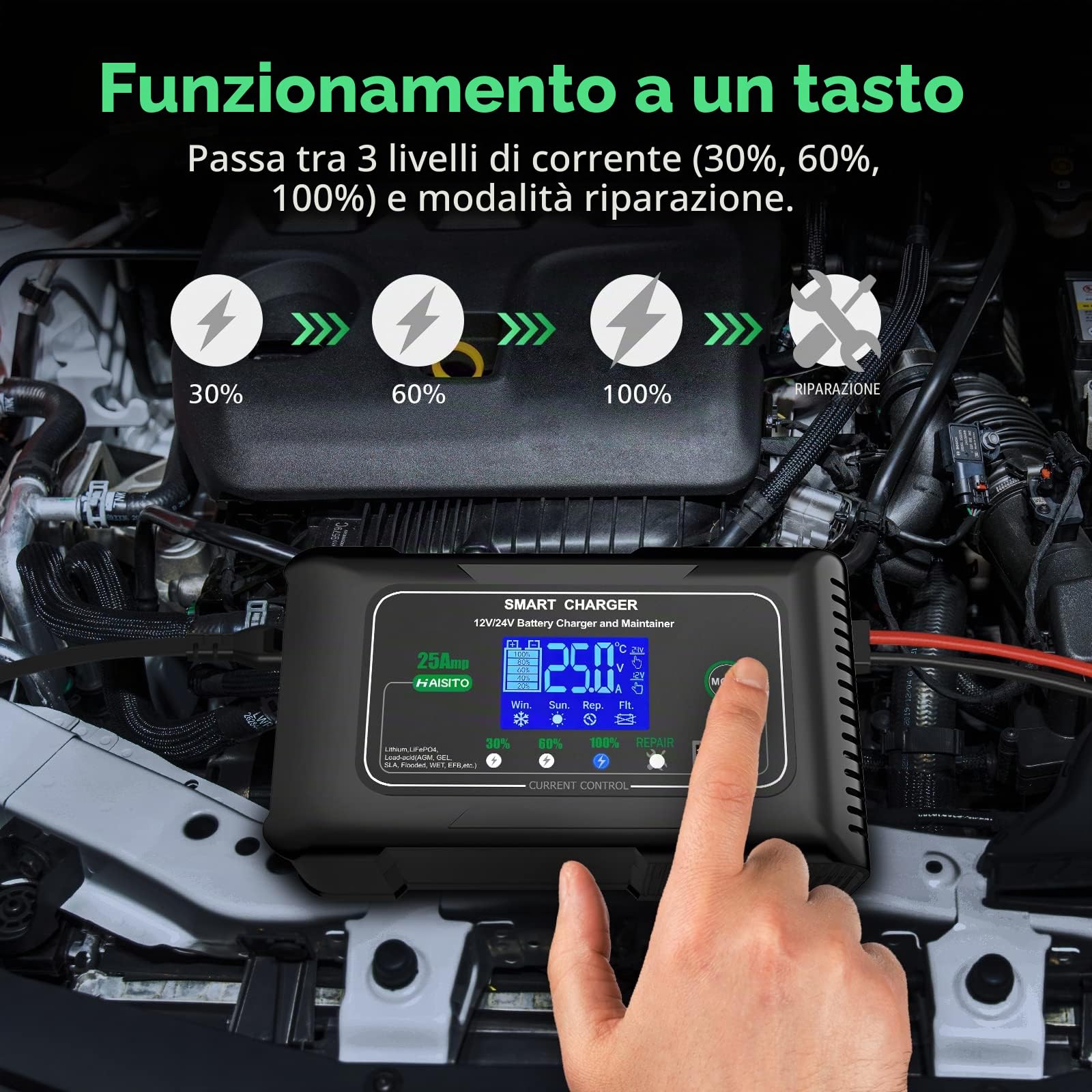 Haisito Carica Batterie per Auto 12V/24V 25A, Caricabatterie Auto Intelligente Caricabatteria e Mantenitore Moto Portatile per Batterie al Litio, LiFePO4, Piombo-acido(AGM, GEL, EFB, SLA, VRLA)