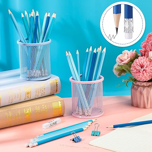 Miniatura 7 de CHENGU 24 lápices azules para niños, paquete de lápices de madera borrables, bonito material escolar para niños con borrador superior, kit de madera