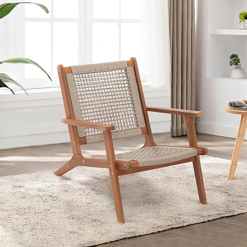 Miniatura 8 de Verano Garden Juego de 2 sillas de patio, sillón moderno de madera de acacia con cuerda tejida a mano para patio, sala de estar, dormitorio, balcón