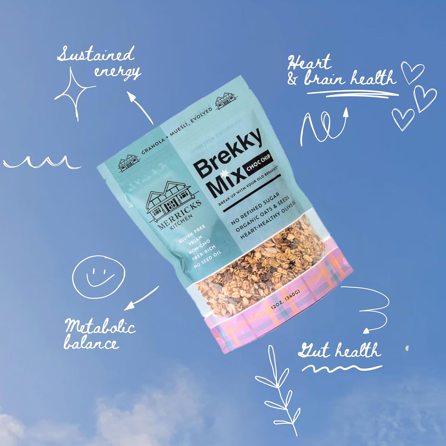 Brekky Mix Granola | Low Sugar Breakfast Granola | No Refined Sugar, No Seed Oils, No Artificial Ingredients | All Natural Healthy Granola Cereal | 12oz (Choose Your Flavor) (1, Choc Chip)