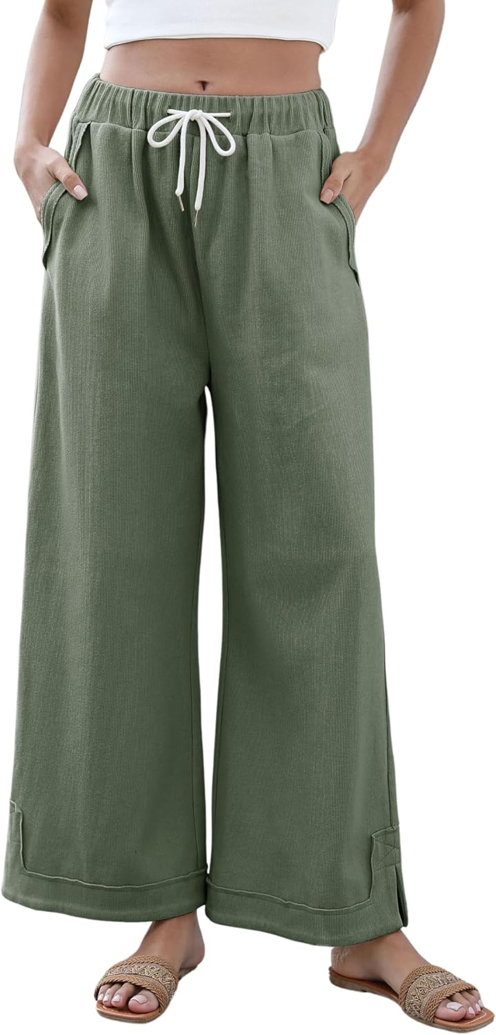 Springrain Womens Baggy Wide Leg Pants Casual Loose Cotton Drawstring Elastic Waisted Palazzo Pants with Pockets