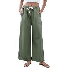 Springrain Womens Baggy Wide Leg Pants Casual Loose Cotton Drawstring Elastic Waisted Palazzo Pants with Pockets
