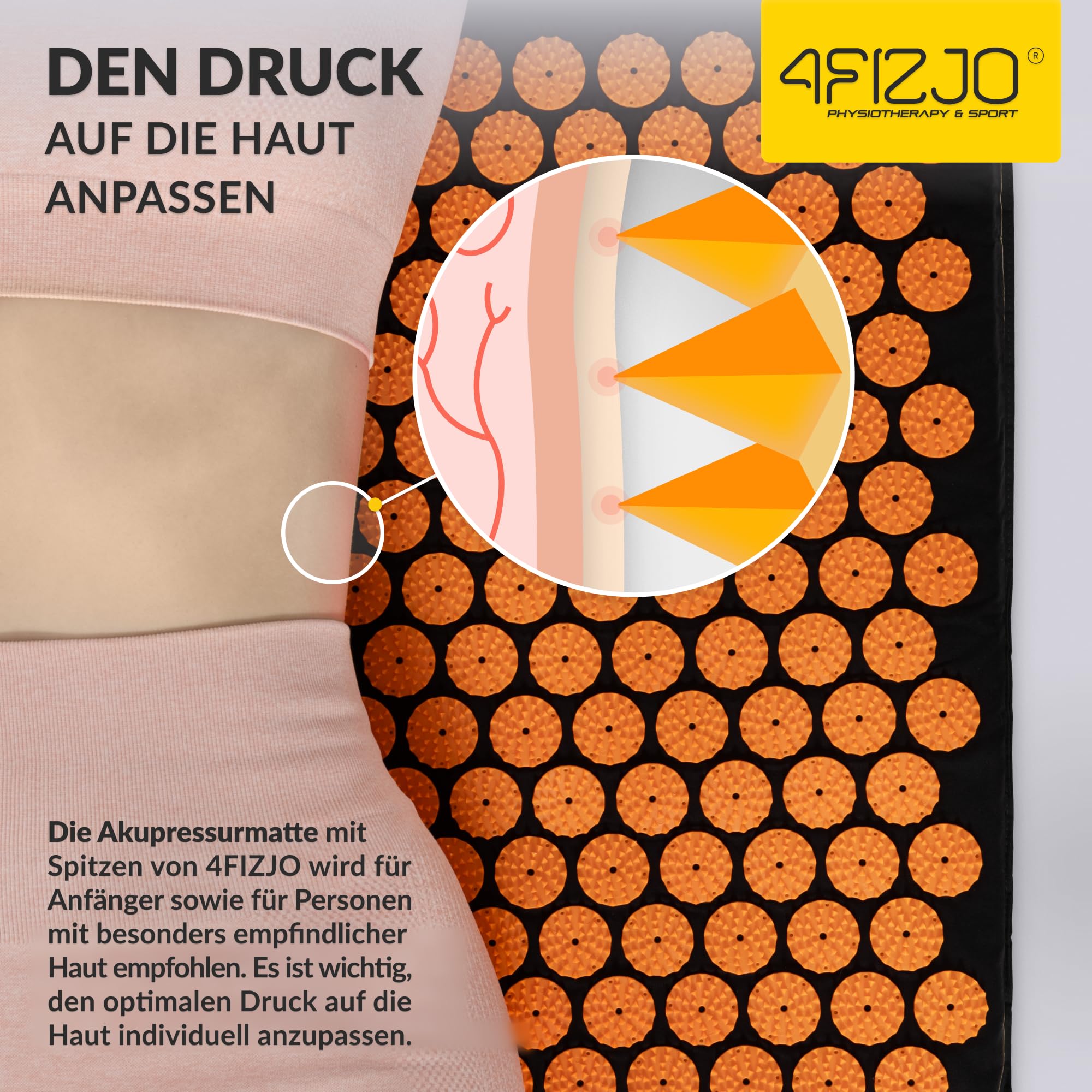 4FIZJO Akupressurmatte & Kissen, 68x42x2 cm, mit Tragetasche, Polyurethanschaum, Hypoallergen, 9618 Stacheln, Massagematte für bessere Durchblutung, Muskeln Entspannung, Farbe: Schwarz und Orange