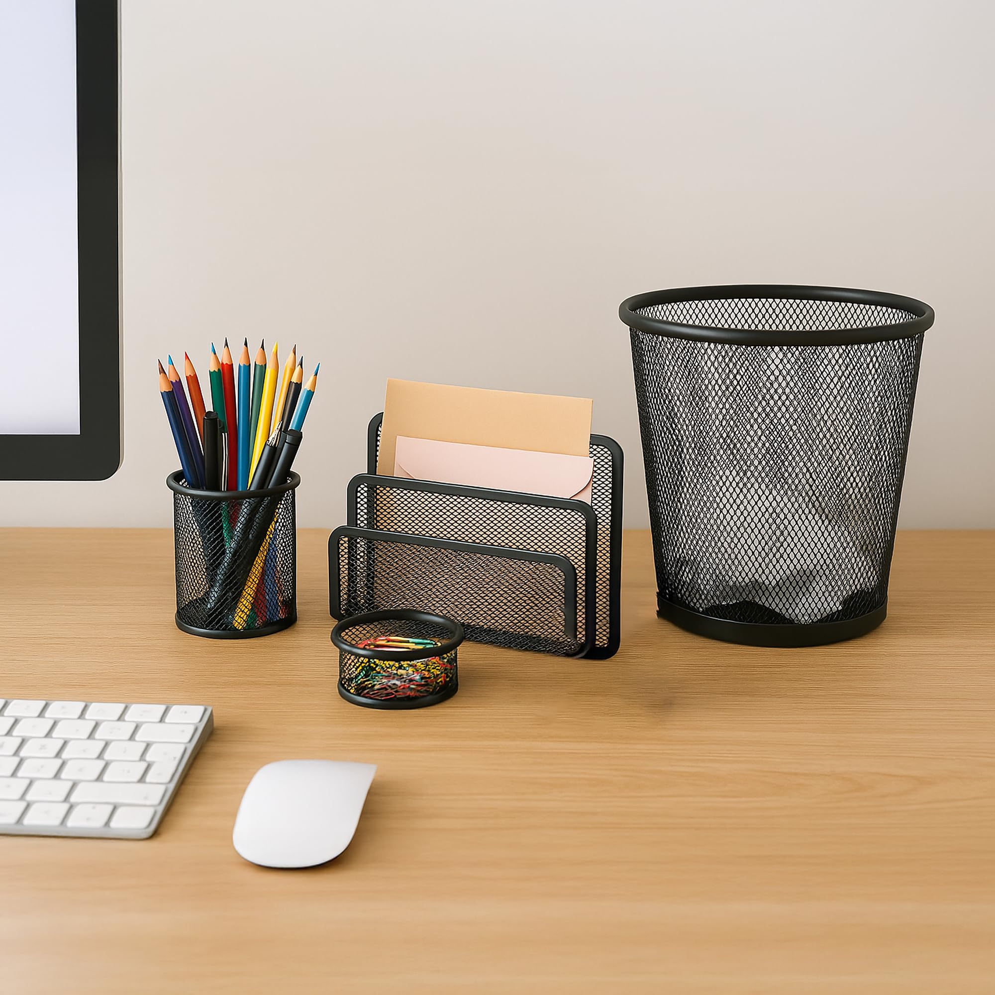 The Better Home Set of 4 Desk Organisers | Pen Holder Clip Holder Dustbin File Holder | Metal Mesh Design | Multi-Purpose Office Supplies Organizer | Table Organizer for Office Desk