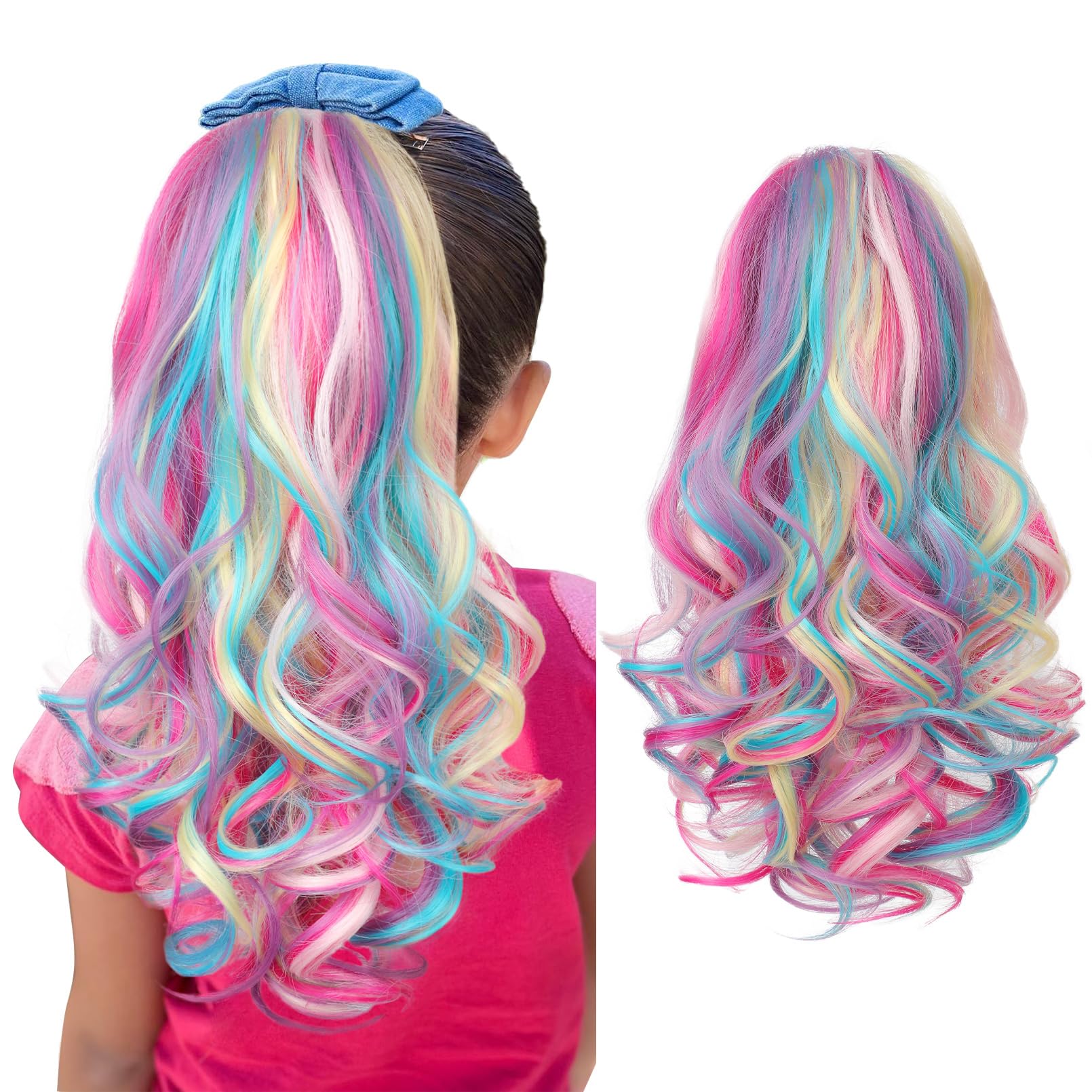 SEIKEA Ponytail Extension, 18" Lightweight Wavy Curly Clip in Pony Tails, Colored Hair Extensions for Kids, Crazy Hair Day Accessories for Girls