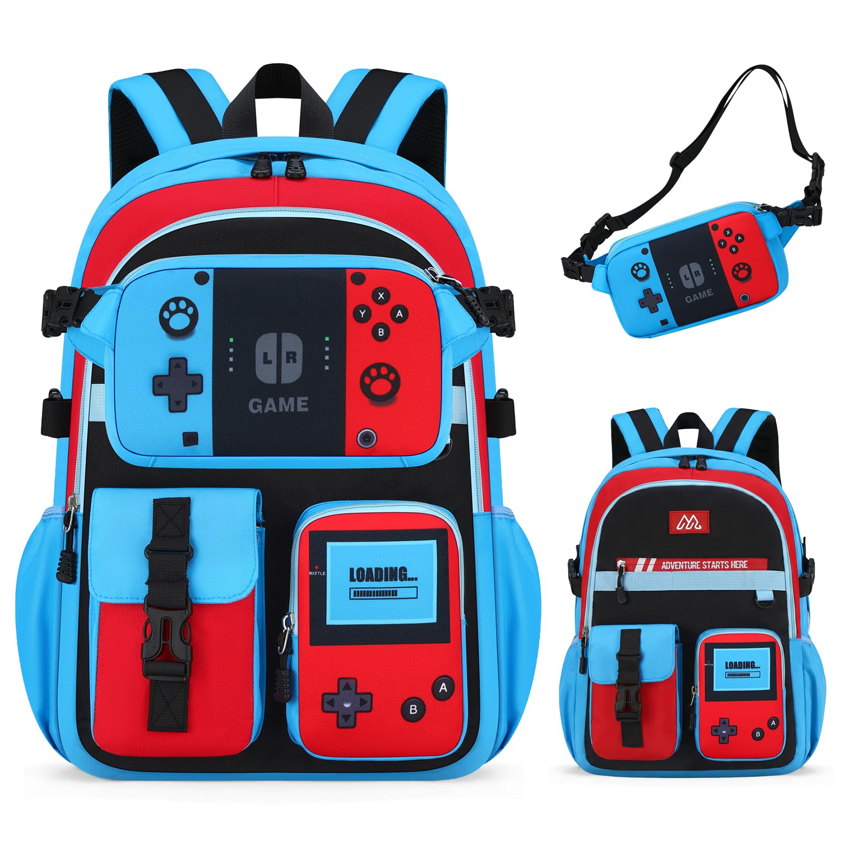 TILYTADLY 2‑IN‑1 School Backpack for Boys - Gamer Backpack for Boys with Waist Bag, 18″ Large Capacity Students Bag for Kids Children Teens Elementary