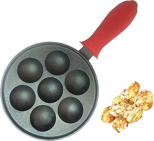 Japón de gran apertura takoyaki sartén hierro fundido con cubierta de silicona, sartén Poffertjes, sartén Appam, sartén Masa, bandeja Banh khot,