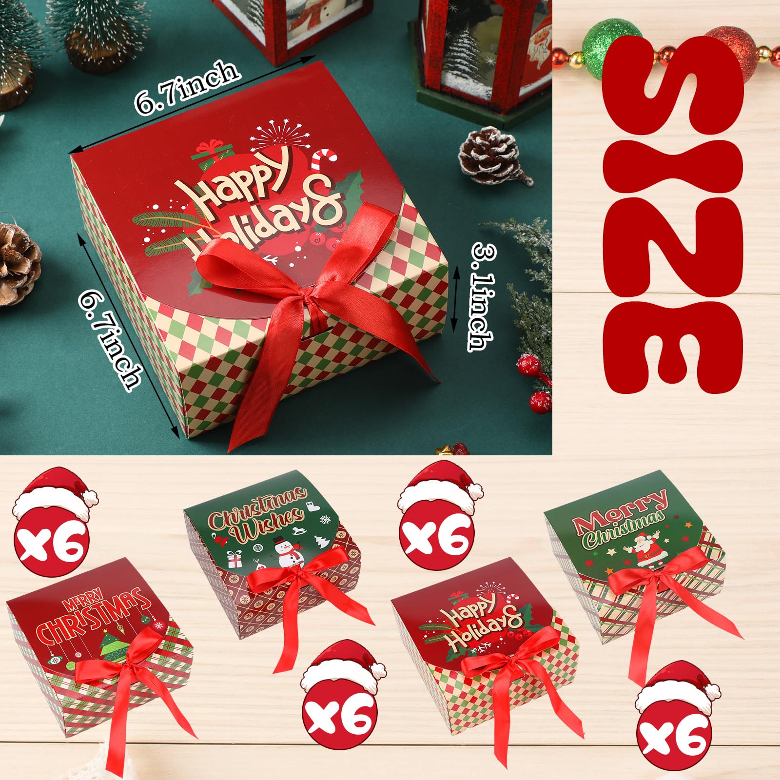 Cholemy Lot de 24 boîtes cadeaux de Noël avec couvercles, 17 x 17 x 7 cm, boîtes à friandises de Noël avec ruban rustique pour cadeaux, cupcakes au chocolat (style adorable)