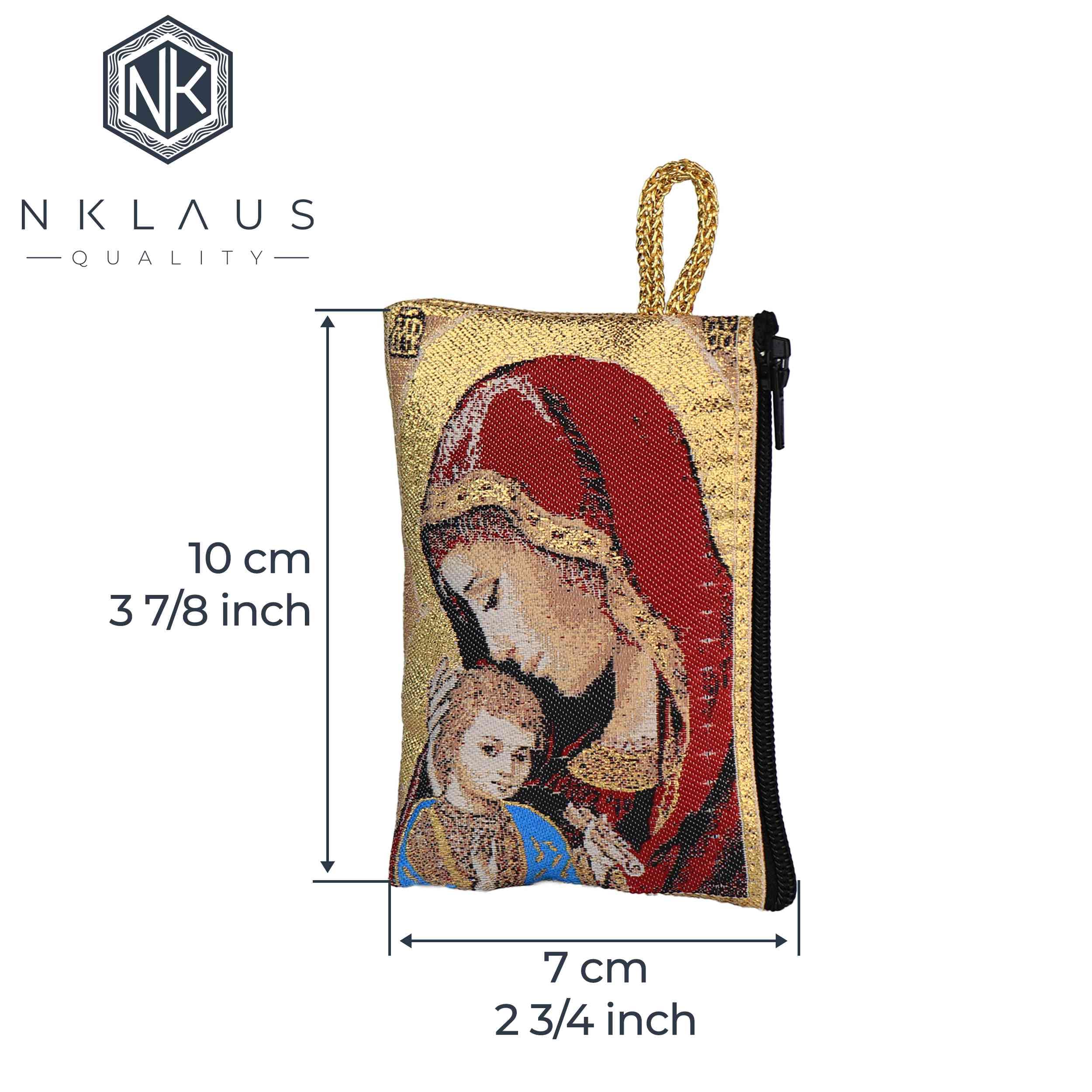 NKlaus Borsa rosario 7 x 10 cm – Maria con Gesù Bambino, ricamata rosso-oro, con cerniera e tracolla – custodia religiosa per preghiera e devozione