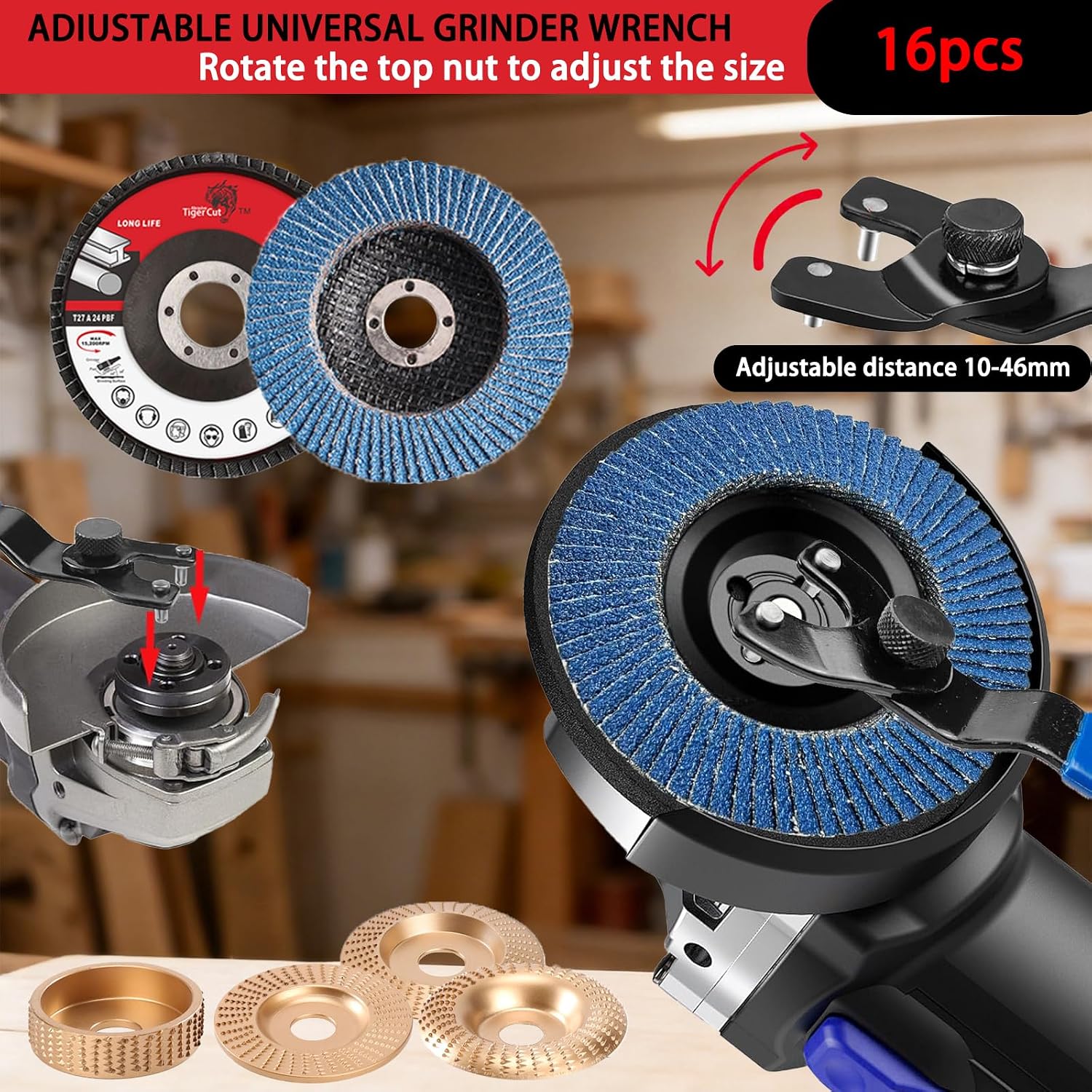 16-Piece Wood Carving Disc Kit for 4 in 4.5 in Angle Grinder, Woodworking Grinding Wheels Kit with 7/8"-5/8" Arbor for Quick Rough Cutting Shaping Sanding Polishing