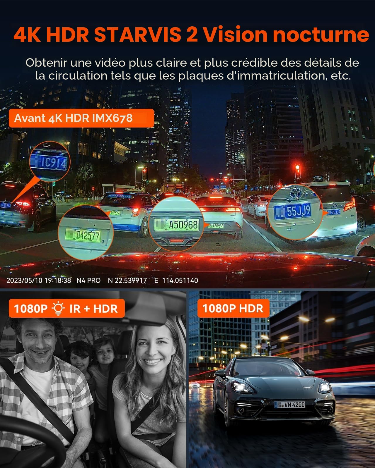 VANTRUE N4 Pro Dashcam Voiture 4K+1080P+1080P/3 HDR, STARVIS 2 Camera Embarquée 360 degrés, 5GHz WiFi GPS Dash Cam Infrarouge Avant Arrière, Commande Vocale en français, Mode Parking Tampon, Max 512G