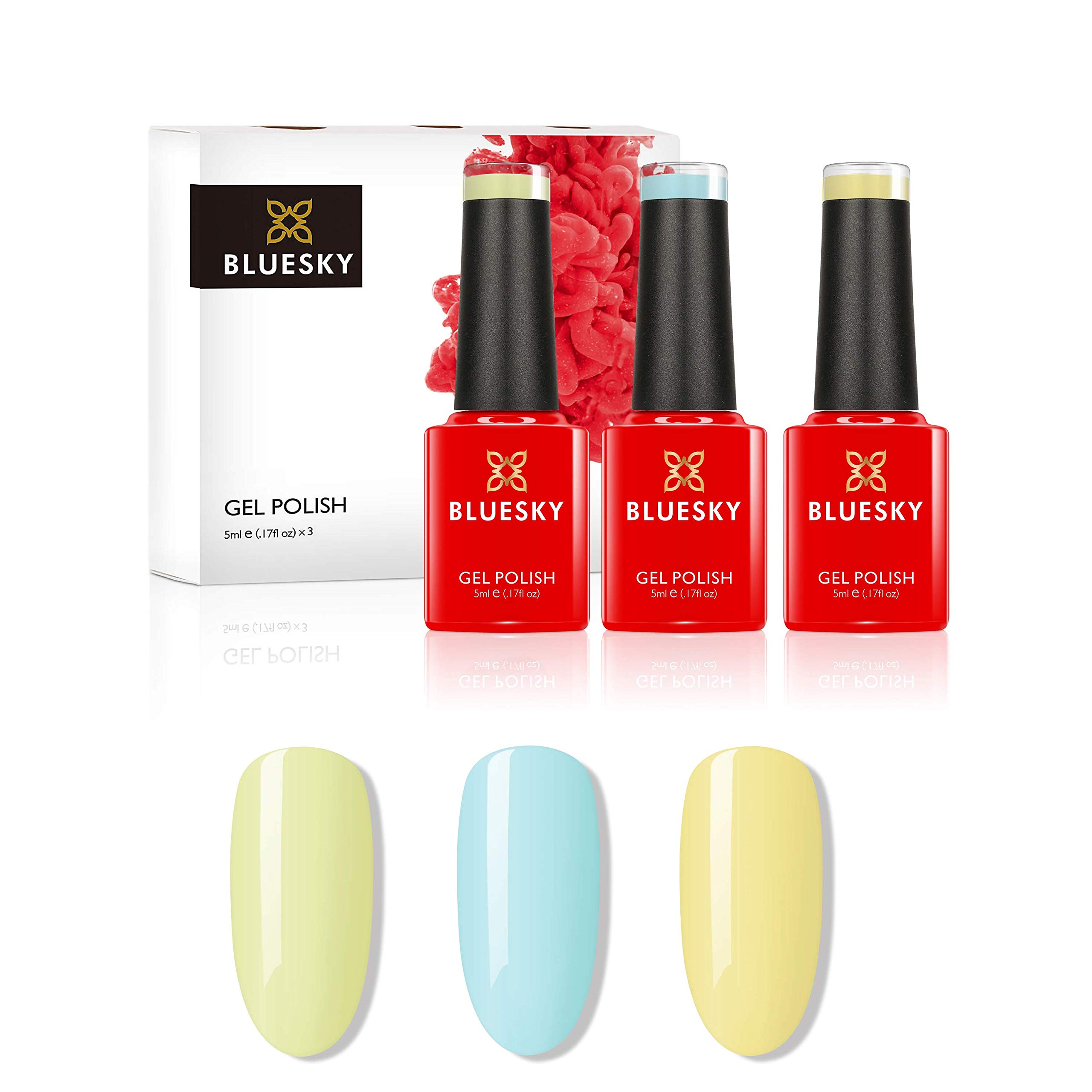 BLUESKYGel Nail Polish Set, Dance Your Way Spring 2021 Collection -Trio Set 3 - Pastels, 3 x 5 ml Gel Nail Polishes, Nude, Yellow, Green, Cream, Light Blue (Requires Curing Under UV/LED Lamp)