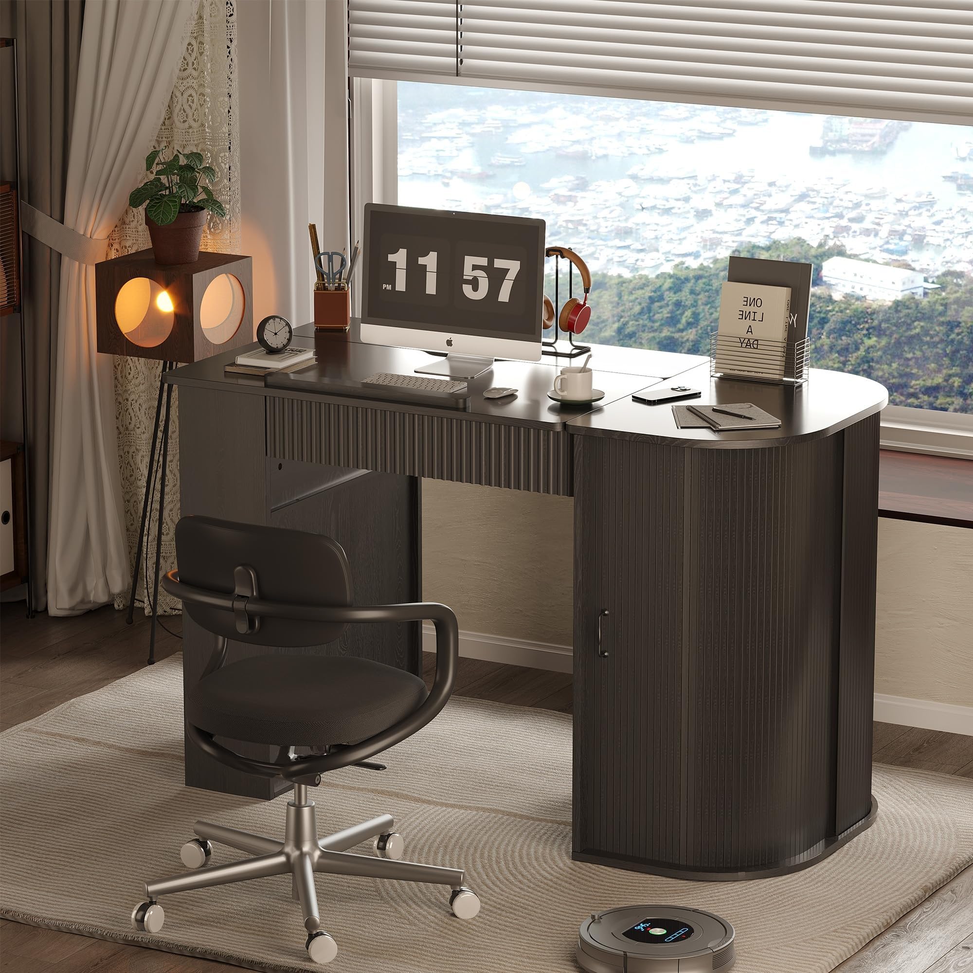Zeichentisch mit neigbarer Platte, Regal und Schrank, Schwarz | Neigbare Tischplatte, Regal mit 3 Fächern, Schrank mit Tür, Ablageleiste, Für Zeichnen und Malen