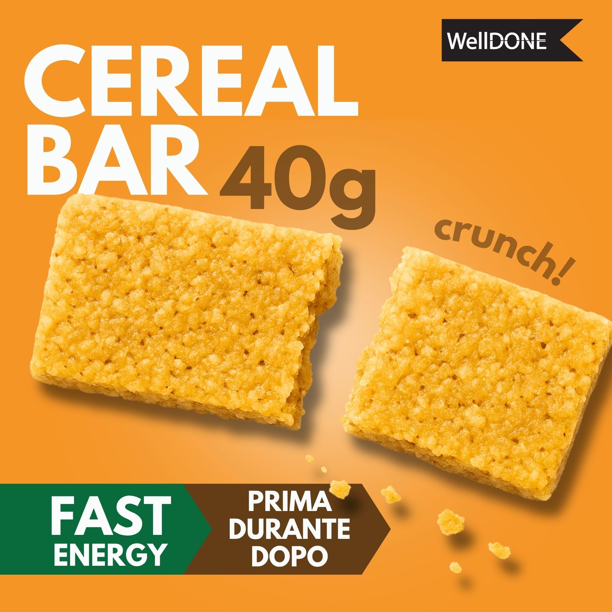 WellDONE, Cereal Crunch Bar Gusto Miele, Barrette Energetiche Made in Italy, Alto Contenuto di Carboidrati, Snack Goloso Anche per Intolleranti al Lattosio, 30 Barrette da 40g