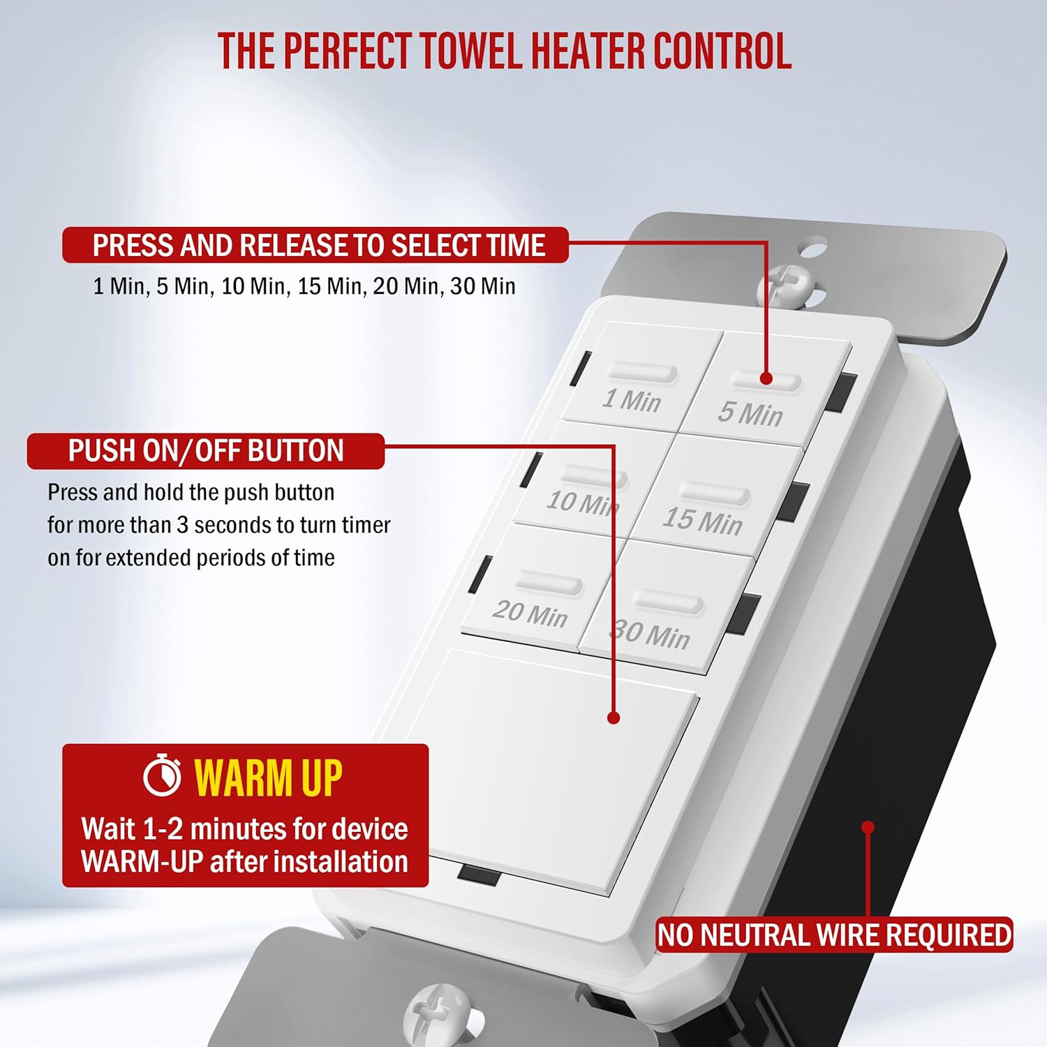 White 30-Minute Countdown Timer Switch with LED Indicator
