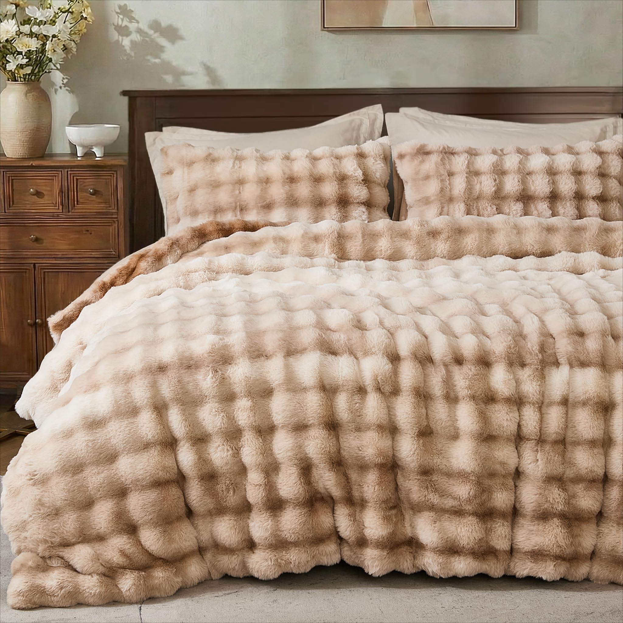 Bedbay Plush Rabbit Faux Fur Comforter Set King Size Tie Dyed Brown Fluffy Comforter Bed Set Luxury 3 Pieces Warm Shaggy Winter Comforter King Size