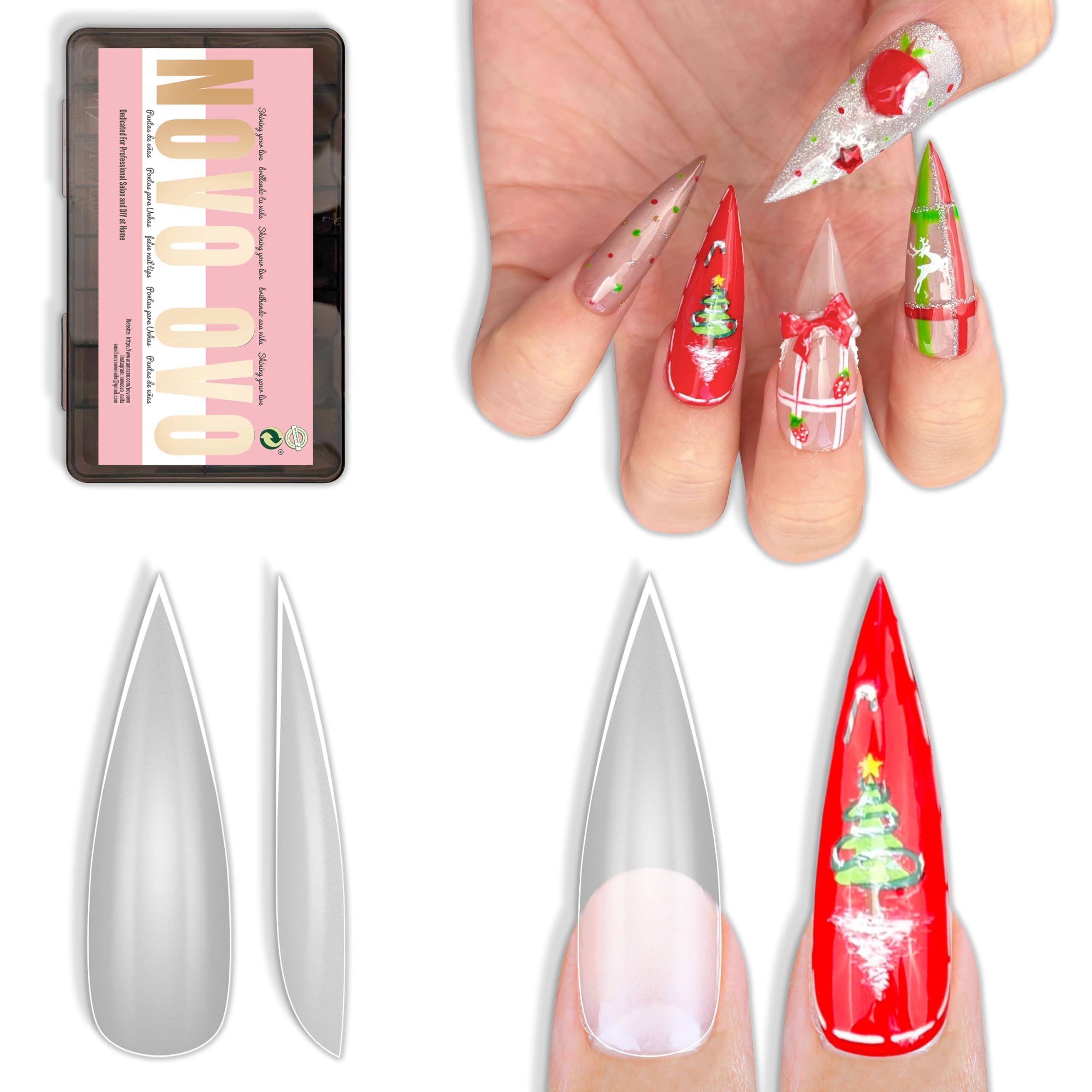 NOVO OVO Long XL Sharp Stiletto Pointed Nail Tips Press on, ロング XL シャープスティレット ポイントネイルチップ プレスオン エクストラロング 厚手 ソフトジェル ダブルマット クリア フェイクネイルエクステンション フルカバー フェイクネイル アクリル用 サロン DIY用 x 16サイズ 224個 [並行輸入品]