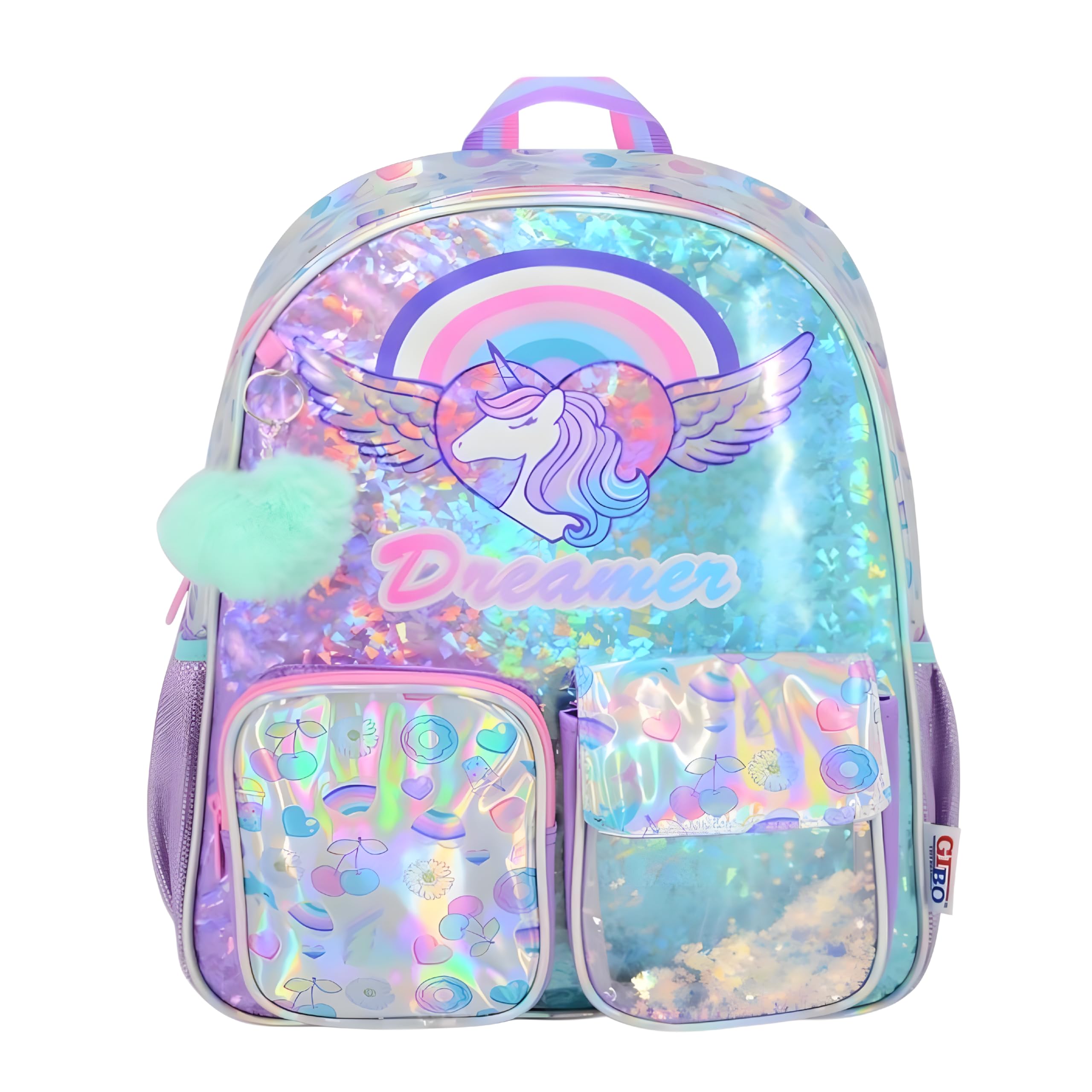 School Backpack for KIds – 16 Inch Holographic Dreamer Bag with 2 Front Pockets, Side Mesh, Lightweight & Durable, Glitter, Rainbow Design-image-32