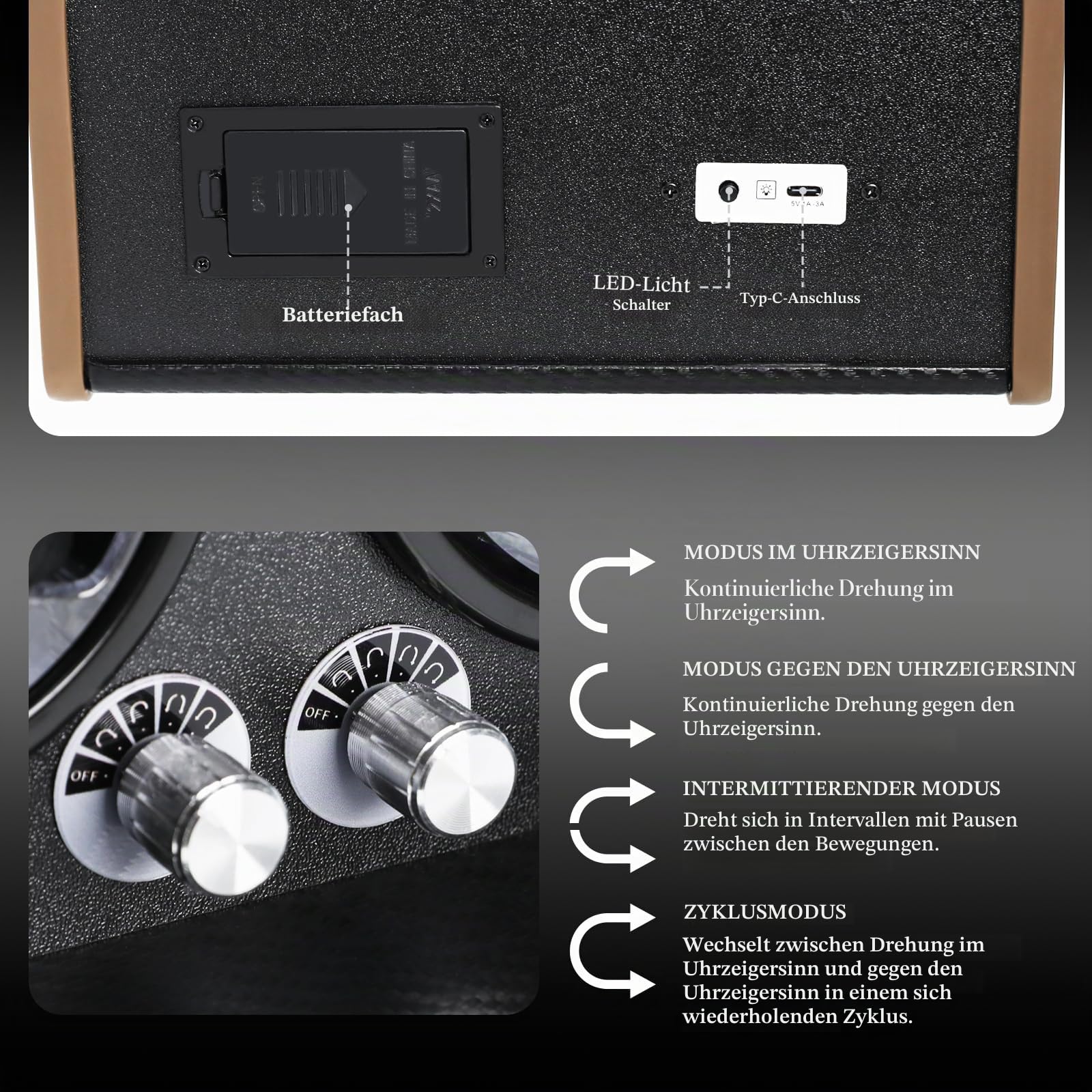 Uhrenbeweger für Automatikuhren, Uhrenbeweger Box für Rolex, Doppelter, Geräuscharmer Japanischer Motor, 4 Rotationsmodi, Blaue Beleuchtung, Netzbetrieb oder 2 AA-Batterien (Nicht Enthalten)