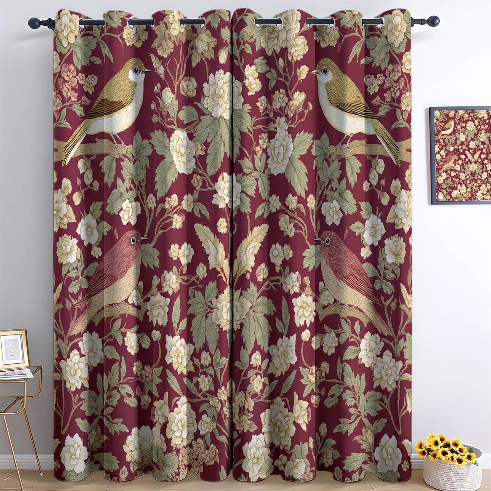 Curtains William Morris Style Flowers Birds Polyester Soft Curtains Top Eyelets Wine Red Beige Treatments Blackout Window Curtain For Living Room Bedroom W 55" x L 102" (2 Panels)