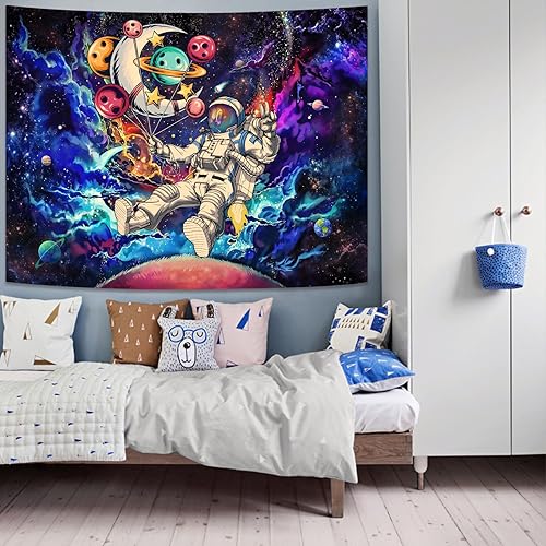 Miniatura 7 de YEXIT Divertido tapiz de globo de astronauta espacial, luz negra, galaxia, universo, planetas, geniales tapices para adolescentes, niños, dormitorio