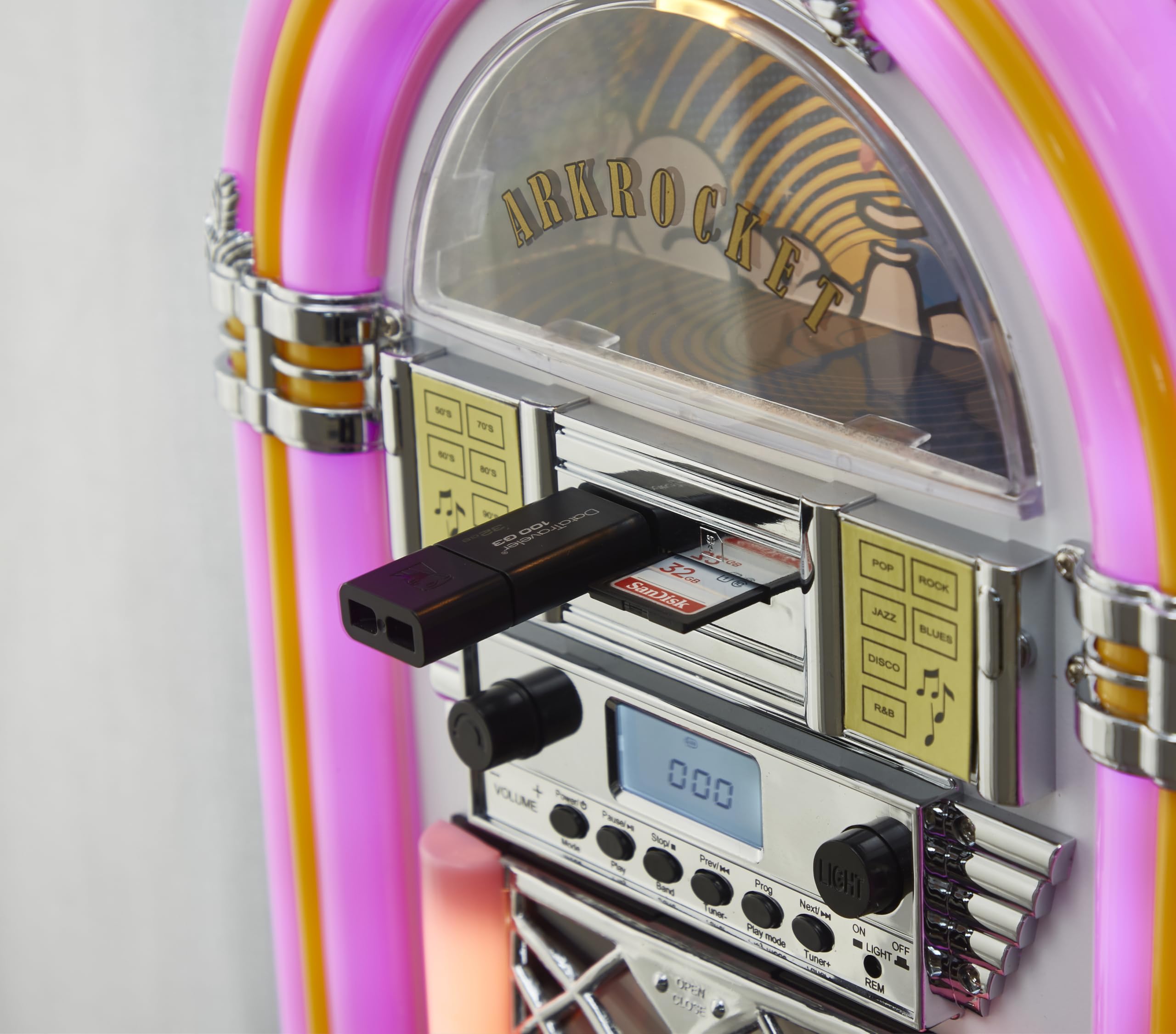 Arkrocket Athena Mini Jukebox/Tisch-CD-Player/Bluetooth-Lautsprecher/Radio/USB- und SD-Kartenspieler mit Retro-LED-Beleuchtungssystem (Rosa Weiß)