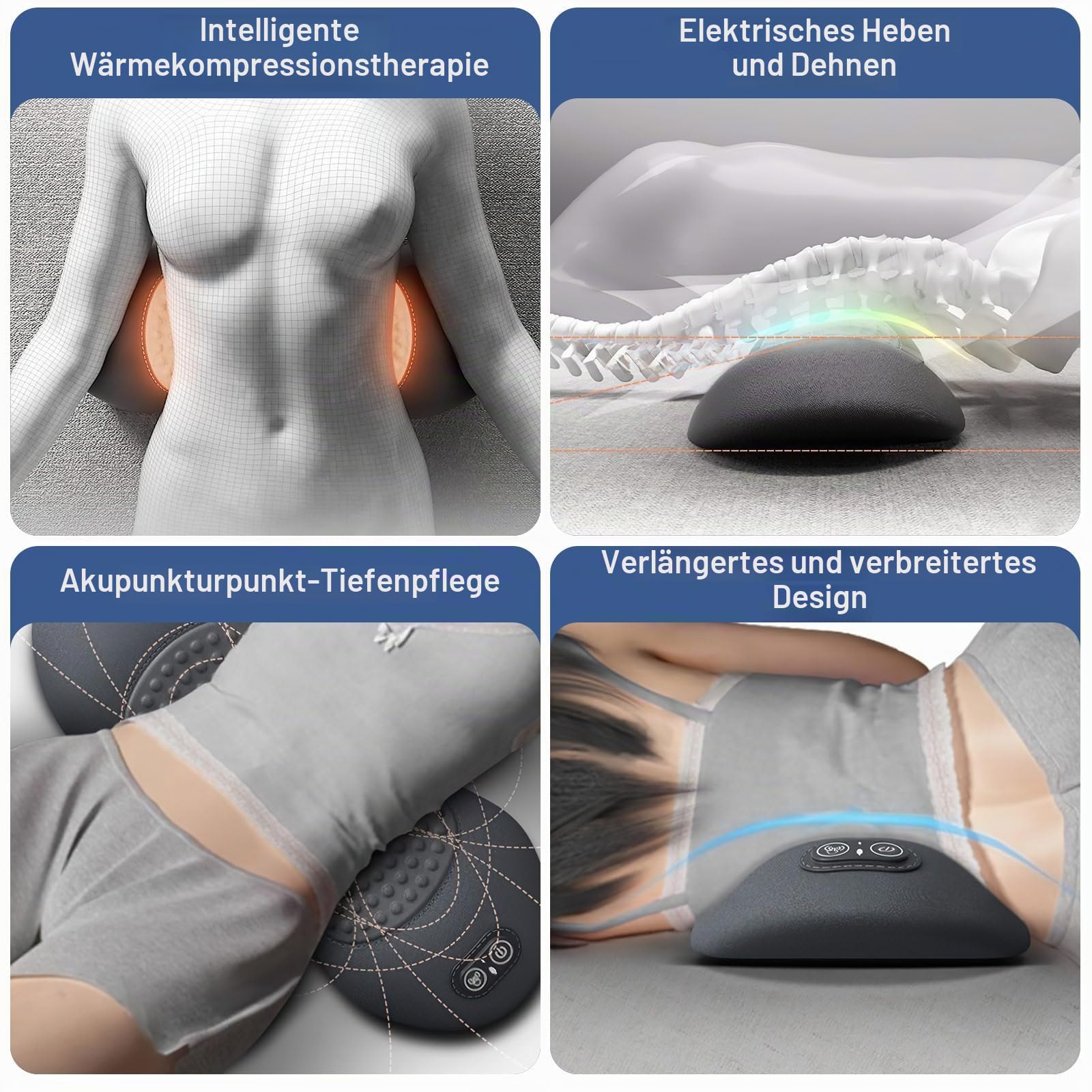 3-in-1 Lendenwirbelstützkissen mit Massage & Wärme, Memory Foam Lordosestütze für Bett & Bürostuhl - Vibrationsmassage, Wärmetherapie & Traktion - Orthopädisches Rückenkissen für Schlaf & Reise (B)