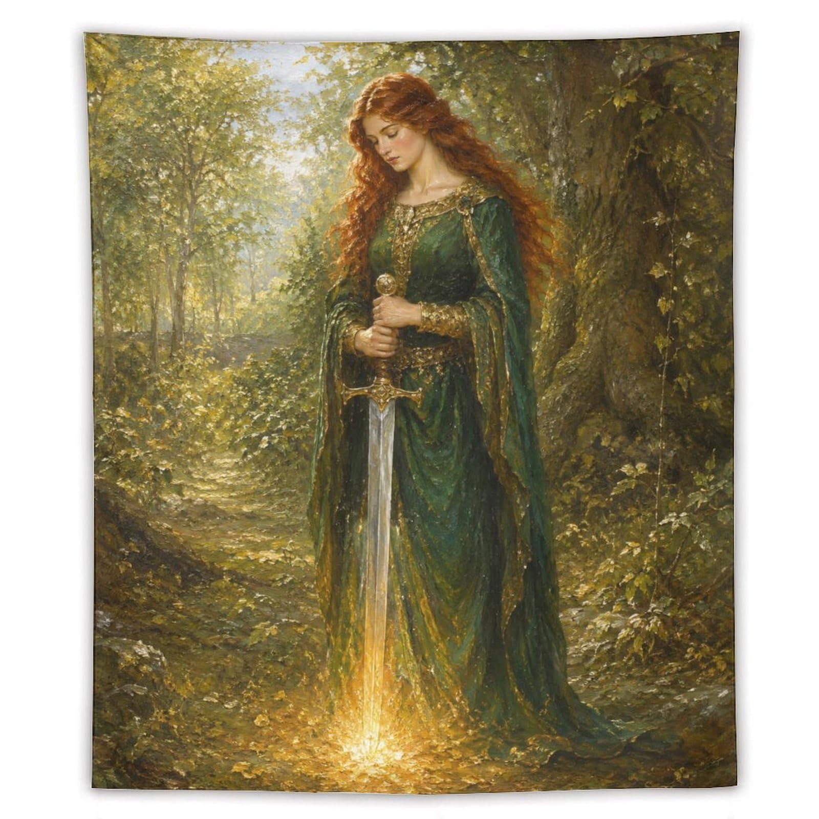 W7C8U2X3 Woman with Glowing Sword Wall Tapestry, Surrealist Style, Bedroom