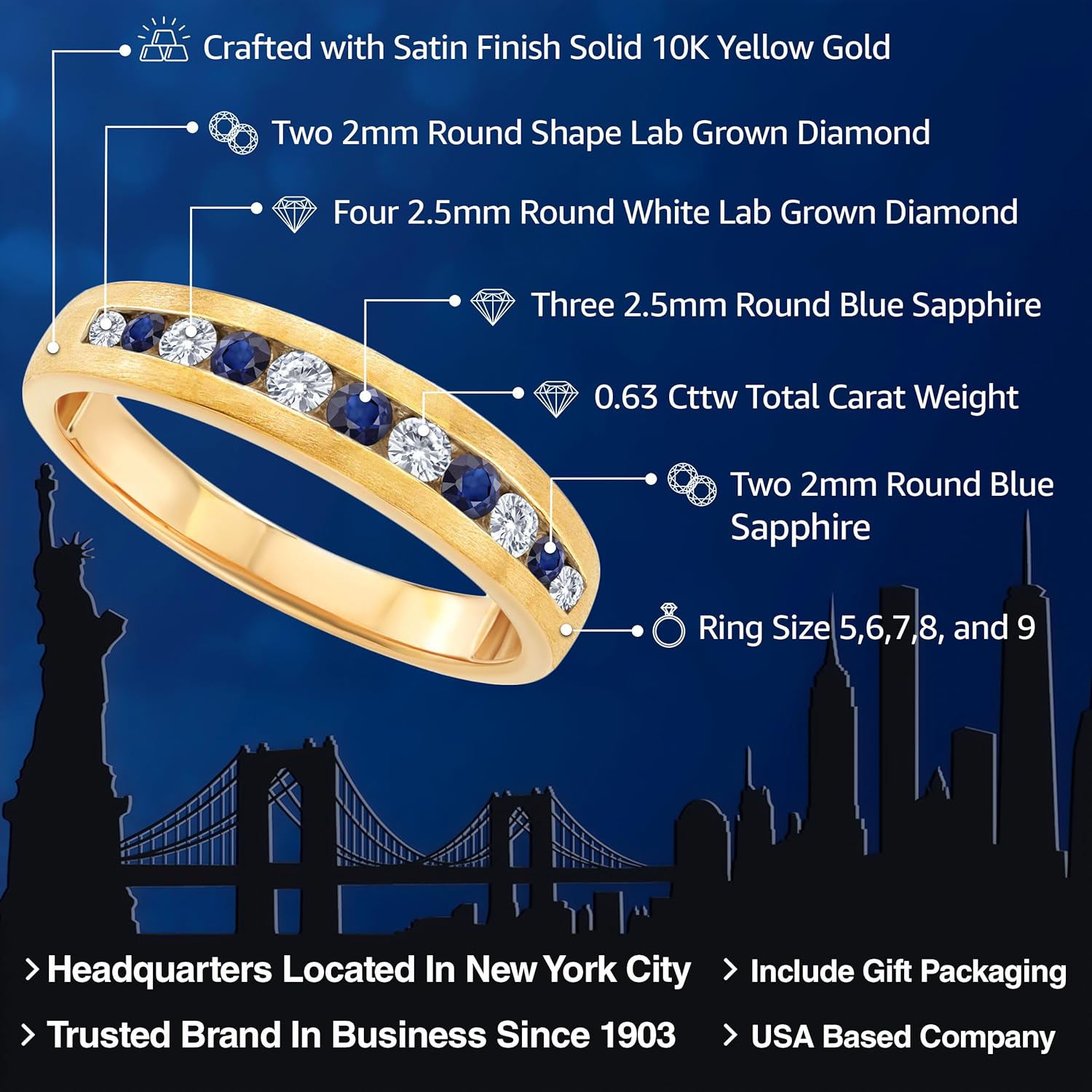 Gem Stone King Men's 10K Yellow Gold White Lab Grown Diamond and Blue Sapphire Satin Finish Wedding Band Ring For Men | 0.63 Cttw | Available In Size 7, 8, 9, 10, 11, 12, 13