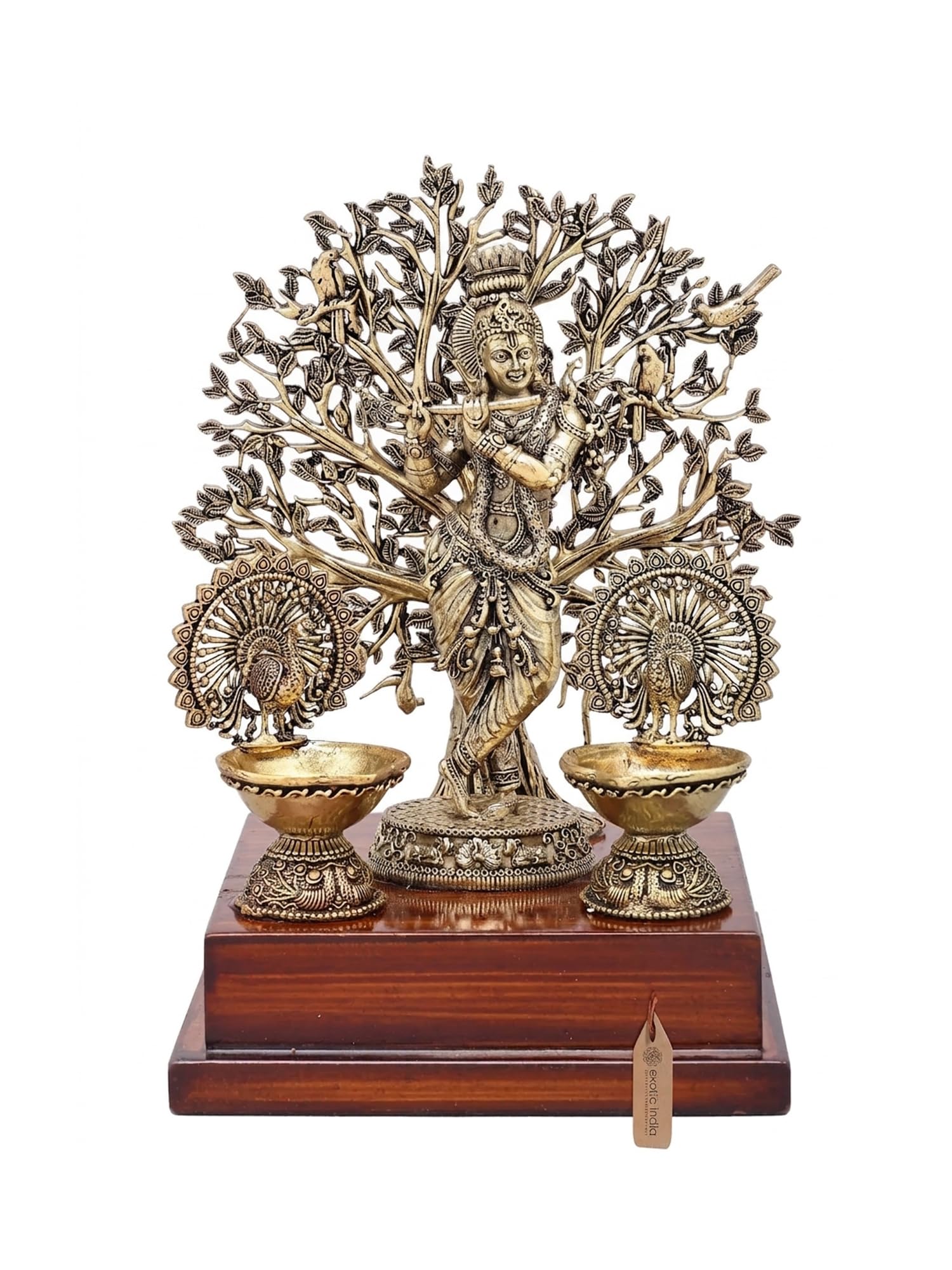 Exotic India Superfine Lord Krishna Under Sacred Tree with Peacock Diya Set in Brass | Lord Krishna Brass Idol for Home Décor, Gifitng, Puja Décor