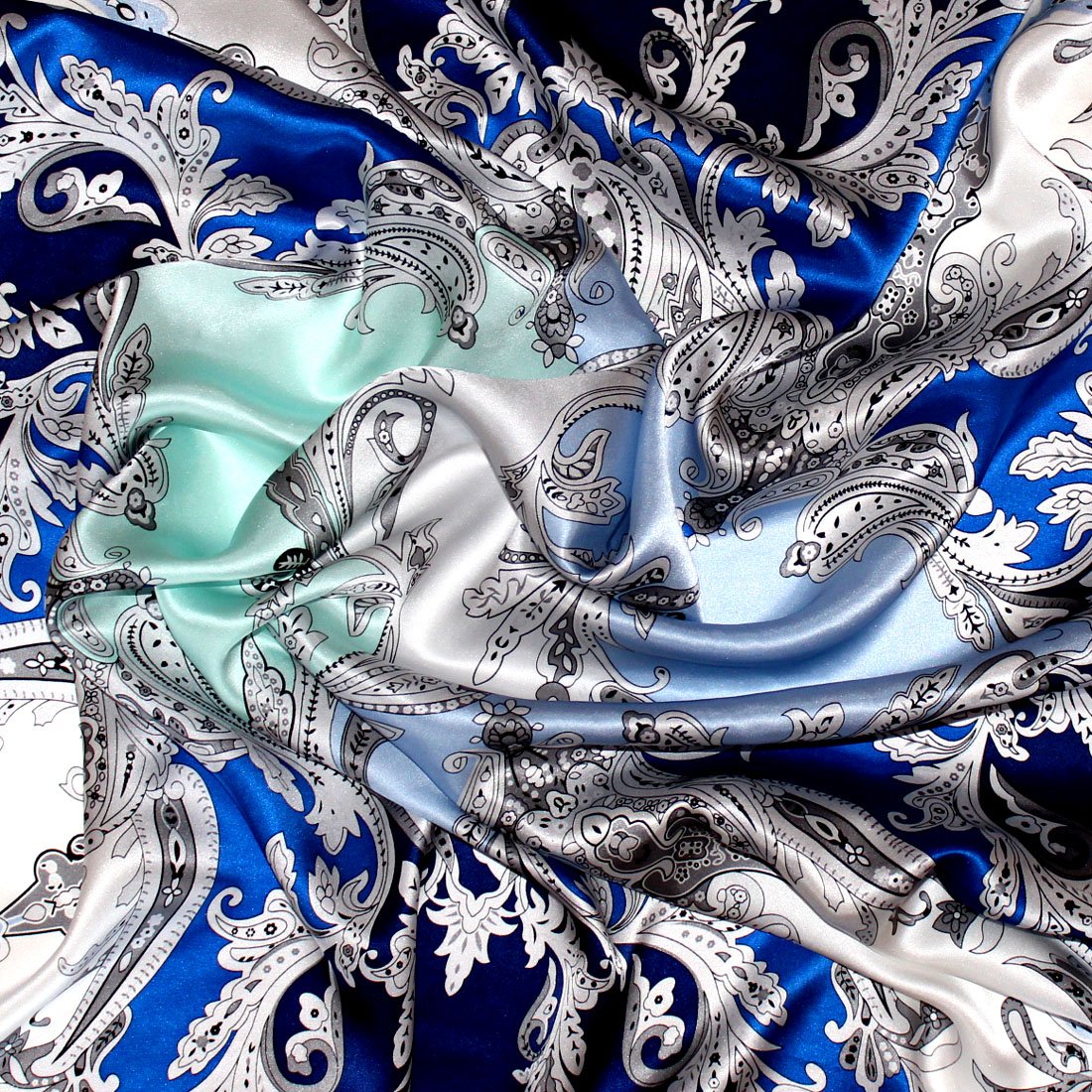 LORENZO CANA Foulard pour la femme – écharpe de 100% soie pour le printemps et l´été, carré avec les mesures de 90 x 90 cm – une sensation de luxe en bleu clair ultramarin gris blanc