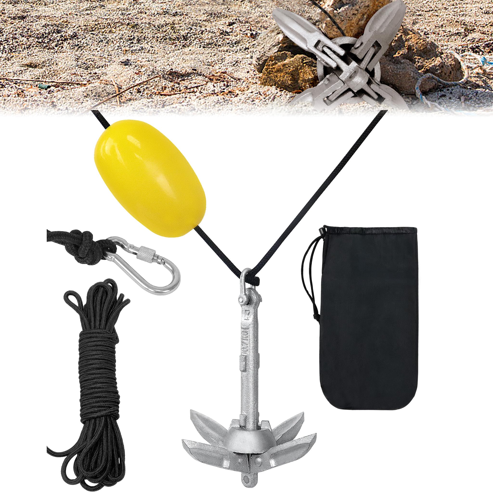 Faltanker Bootsanker aus verzinktem Stahl 0,7/1,5 kg, Klappanker für Boot, Schlauchboot, Kajak & SUP mit 10 m Ankerschleppseil, Wurfanker & Bootszubehör