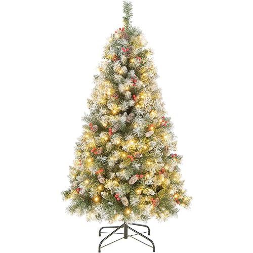 GOFLAME 5FT Prelit Christmas Tree, Hinged Xmas Tree with 450 PVC Branch Tips, 200 LED Lights, 42 Pine Cones & 126 Red Berries, Xmas Decoration Artificial Tree with 8 Lighting Modes, Memory Function