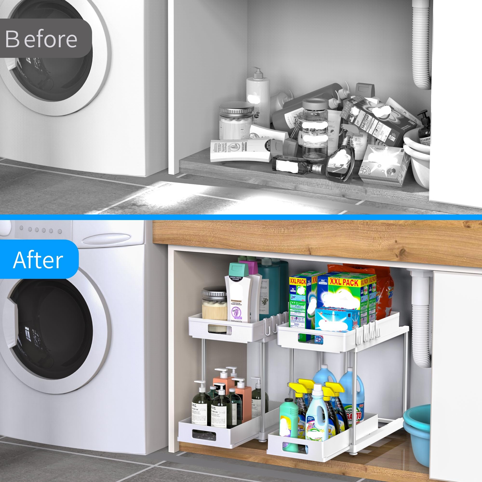 Lot de 2 organiseurs sous évier avec tiroir extractible, armoire de rangement à 2 niveaux pour cuisine et salle de bain, convient aux fournitures de nettoyage et aux articles de toilette, économie