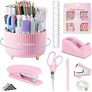Pink Desk Organizers and Accessories 10pc Set with 360-Degree Rotating Pen Holder, Tape Dispenser, Stapler, 1000 Staples, ...