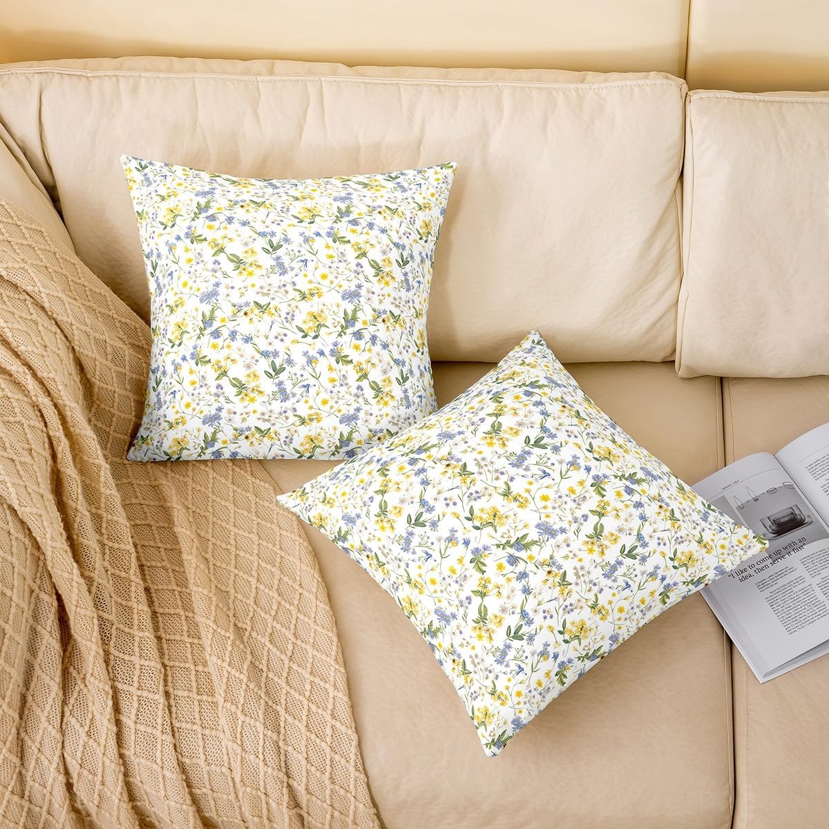 Manfei Rustic Botancil Pillow Cover,Flowers and Leaves Throw Pillow Case Cover for Sofa Bed,Garden Plant Leaf Double Sides Print Cushion Cover Room Decor,2 Pack 22"x 22"