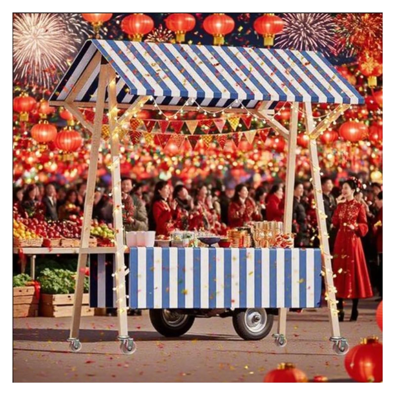 Carrello alimentare mobile commerciale con ruote, espositore pieghevole per snack e dolci, per festival, feste e mercati degli agricoltori, resistente in legno massello, blu con ruote