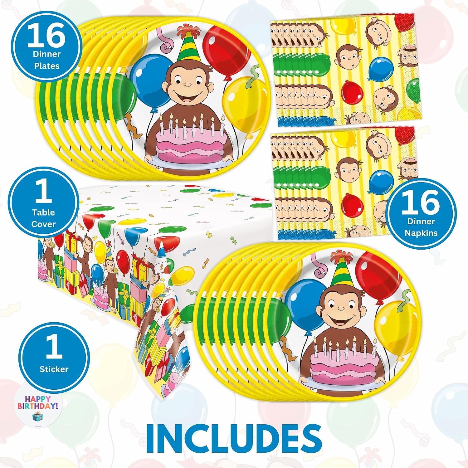 Curious George Birthday Party Decorations | Serves 16 | Tablecloth, Plates, Napkins, Sticker | Officially Licensed