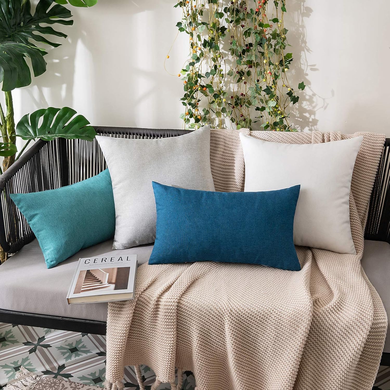 MIULEE Pack of 2 Decorative Outdoor Solid Waterproof Throw Pillow Covers Faux Linen Garden Farmhouse Coastal Cushion Cases for Summer Patio Tent Balcony Couch Sofa 20x12 Inch Turquoise - Image 4