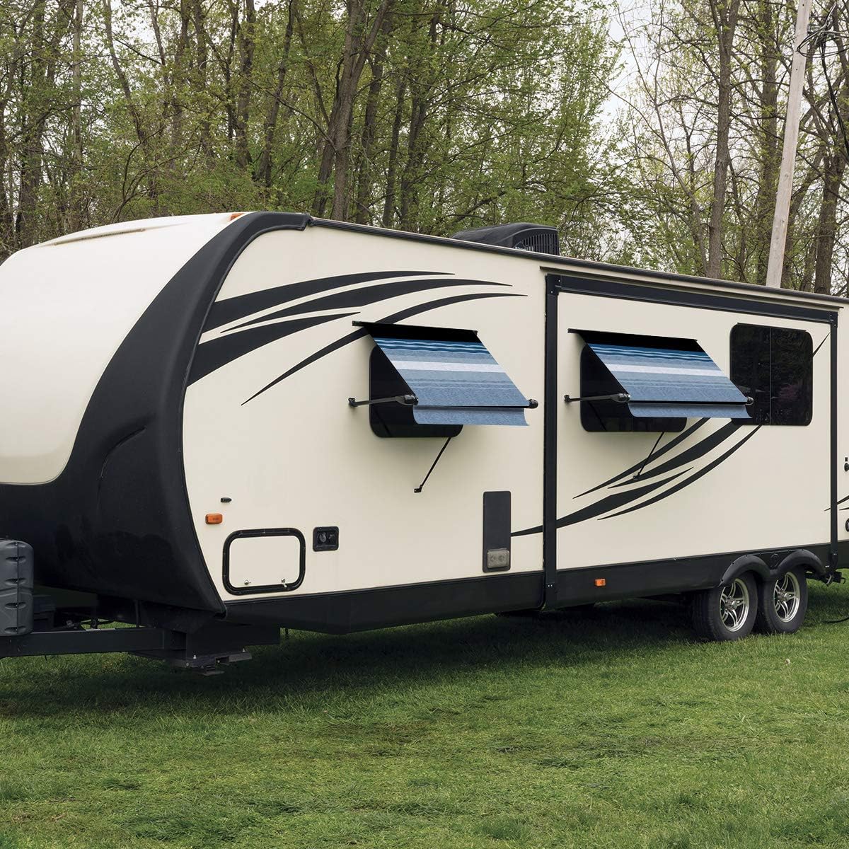Carefree IF0458E62/ICJV01 Ocean Blue Dune Stripe 4.5' RV SL Standard Vinyl Window Awning, Black Arms-Choose Options