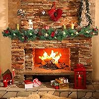 Vista 6 de MorTime Guirnalda de Navidad LED de 9 pies con piñas, lazos de bayas rojas, bolas de Navidad, guirnalda de Navidad multifunción con 50 luces LED