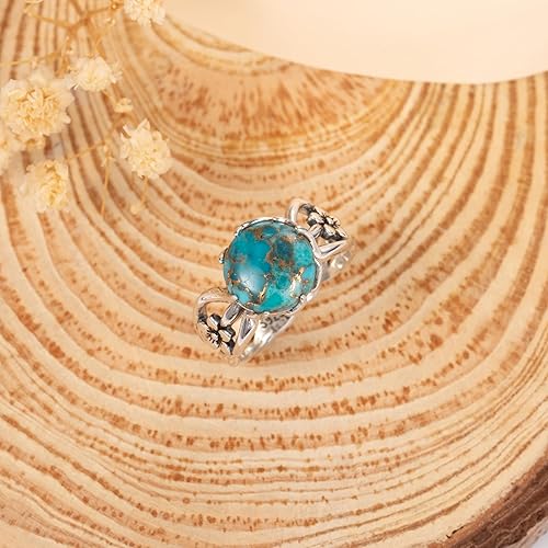 Miniatura 4 de Round Turquoise Rings for Women 925 Sterling Silver Vine Design Band Boho Statement Ring Floral Vintage Antique Jewelry